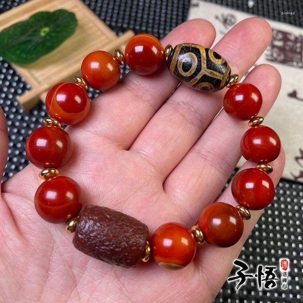 Strand Fidelity Tibetan Huogong Six Eye Tianzhu Warring States Pulsera de ágata roja para hombres y mujeres Old Ancient Bead