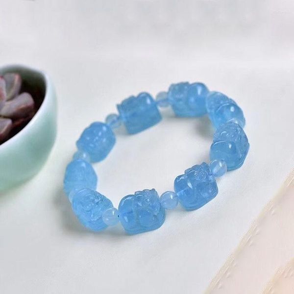 Strand Fine Light Sea Blue Bracelets En Cristal Naturel Sculpté Pixiu Perles Chanceux Pour Les Femmes Hommes Aider Au Travail Bijoux Frais