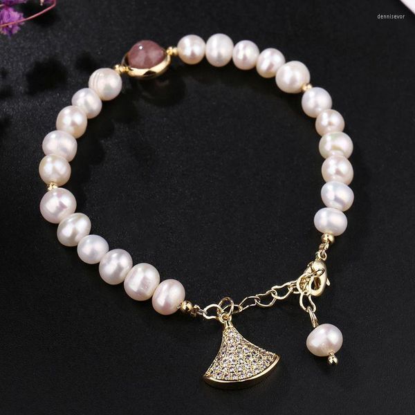 Strand Pulsera de perlas de agua dulce Diseño de moda femenina Temperamento Cuentas de transferencia de cristal de fresa Falda en forma de abanico