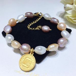 Bracelet en forme de perle d'eau douce, couleur colorée, carte de bénédiction en or