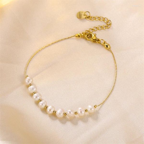 Bracelet en perles d'eau douce en acier inoxydable, bijoux réglables, cadeau pour femmes, placage de chaîne en or PVD18K
