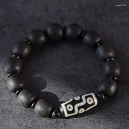 Bracelets de perles célestes à neuf yeux en ébène givré en détresse, pour hommes et femmes, Style tibétain, Agate Antique