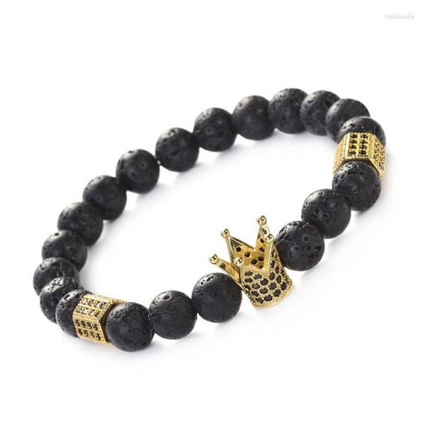 Strand FYJS Joyería única 4 colores Corona Hexágono Incrustaciones Zircon Connect 8 Mm Cuentas redondas Pulsera elástica de piedra de lava negra