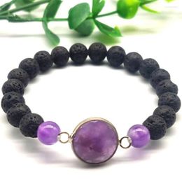 STRAND FYJS UNEMAKELIJKE SILLATE VERLONDERDE ROUNT AMETHTAL CRYSTAL Connect Black Lava Stone Beads Rettery Bracelet Fashion Jewelry