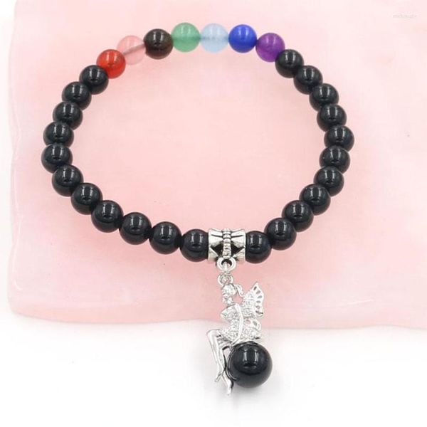 Hebra FYSL Hada chapada en plata Ágatas negras 8 Mm Cuentas redondas Pulsera elástica Chakra curativo Aventurina verde Joyería