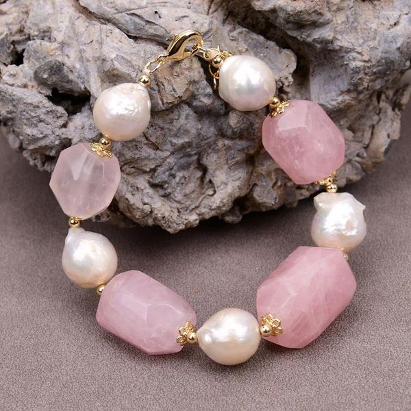 Hebra G-G perla Keshi blanca cultivada Natural facetada rosa cuarzo pepita pulsera de cristal 8 ''diseño de joyería para mujer