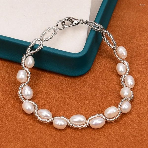 Bracelet tressé en perles de riz blanc naturel G-G, 7 pouces, bijoux cadeaux pour filles