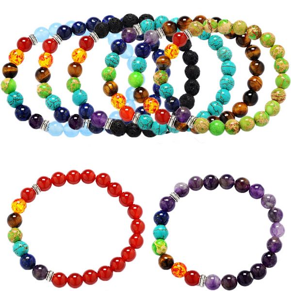 Bracelet de perles rondes en pierre précieuse, pierre naturelle extensible, guérison, Yoga, Reiki, améthyste, Turquoise, yoga, 7 chakras, bijoux à la mode