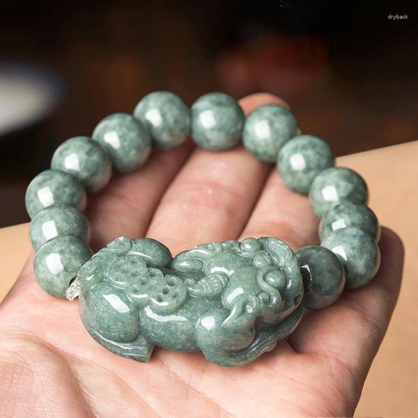 Strand Véritable Naturel Jade Chanceux Pixiu Bracelet Hommes Certifié Birmanie Jades Pierre Ronde Élastique Perlé Pendentif Bracelets Jadéite Bracelets