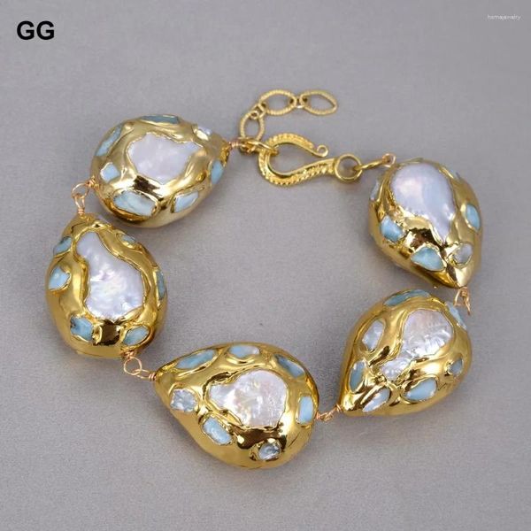 Strand GG Natural Natural Nerwater White Keshi Pearl Chardrop Blue Larimar Chips Pave Gold Edge plaqué Bracelet 9 