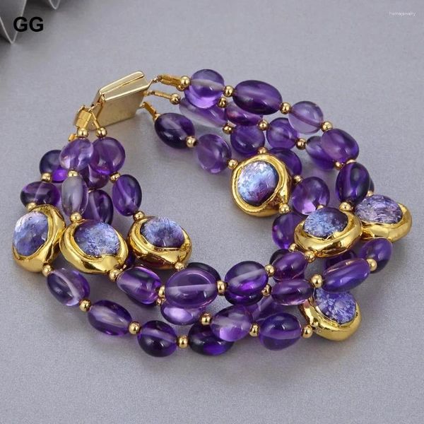 Strand GG Ametista púrpura natural con brazalete de vidrio Murano de borde electroplacado 8 