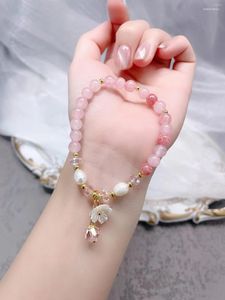 Strand Girl Bracelet Pink Crystal With Natural Freshwater Pearl Solid Color Florets Pendant Bracelets Girlfriend Classmates Gift
