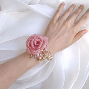 Bracelet en tissu pour filles, fleurs de demoiselle d'honneur, boutonnière de fête de bal de mariage, Rose scintillante, accessoires pour les mains