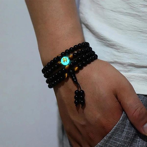 Pulsera de luna que brilla en la oscuridad para hombres y mujeres, pulsera luminosa con cuentas de Buda negro y Dragón, 108