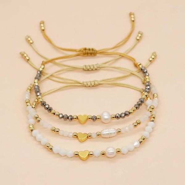 Strand Go2Boho Bracelets d'amitié en cristal faits à la main Bijoux d'été avec perle naturelle et breloque en forme de cœur plaqué or cadeau élégant