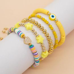 Strand Go2boho Yeux en argile polymère jaune étoile à cinq branches Micro-incrusté coeur de pêche cristal ensemble de perles de cuivre Bracelet