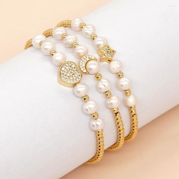 Strand Plaqué Or Perlé Bracelet Cadeaux Étoile Coeur Lune Alliage Charme Bijoux Pour Femmes Adolescente Perle Naturelle Amitié Bracelets