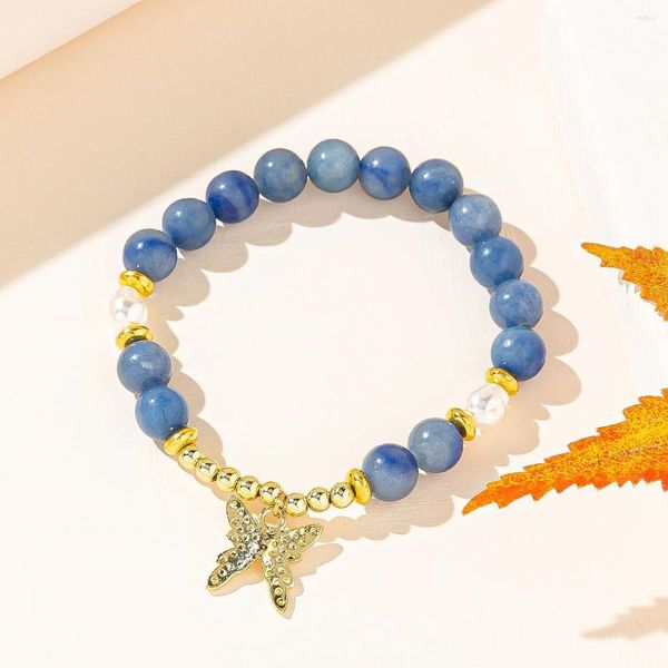 Strand Gold Tone Butterfly Charm Natural Stone Blue Beads Spacer Pulsera para mujer