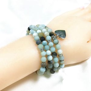 STRAND GODE KWALITEIT 74cm vrouwen Bracelet 6 mm Natuur Amazoniet Roun Stone Bead Armbanden Hart Charme Yoga ketting