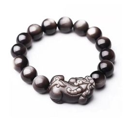 STRAND GRIJS NATUURLIJKE Obsidian stenen armbanden ronde kralen met pixiu bedelarmband voor mannen vrouwen diy sieraden kralen strengen