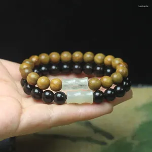 Pulsera de hilo de sándalo verde y negro de 8mm con piedra de Jade, junta de bambú, cuentas de Buda fragantes para hombres y mujeres