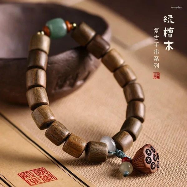 Strand vert bois de santal anneau unique chaîne à main perles de baril de jade jeu de texte bracelet bouddhiste en bois style ethnique femmes hommes cadeau 2023
