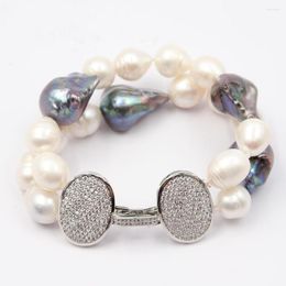 Strand GuaiGuai bijoux 2 brins de culture d'eau douce noir baroque perle blanc riz Bracelet plaqué or CZ pavé fermoir pour dame