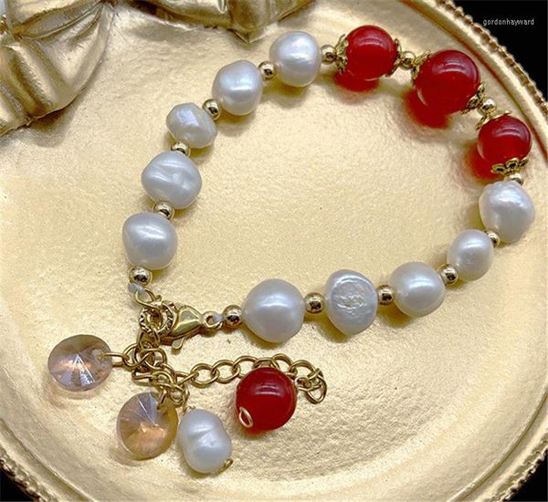 Strand HABITOO Natural de agua dulce cultivada 8-9mm pulsera de perlas blancas Jade rojo rosa cristal mezcla cadena brazalete Simple joyería de moda