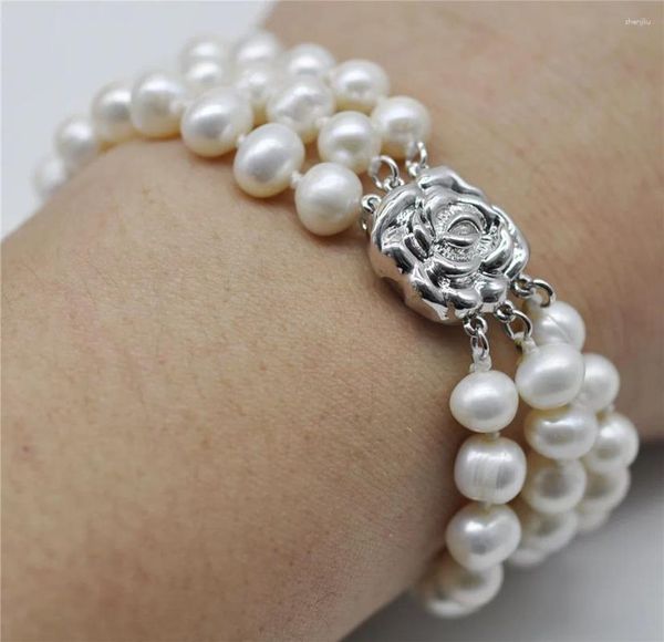 Strand HABITOO Triple hebras 7-8MM pulsera de perlas blancas del Mar del Sur 7,5-8 pulgadas brazalete joyería pulseras para regalo de mujer