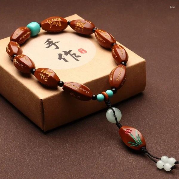 Bracelet de perles de bouddha Sutra en cœur gravé à la main, en forme de noix d'olive sculptée à la main