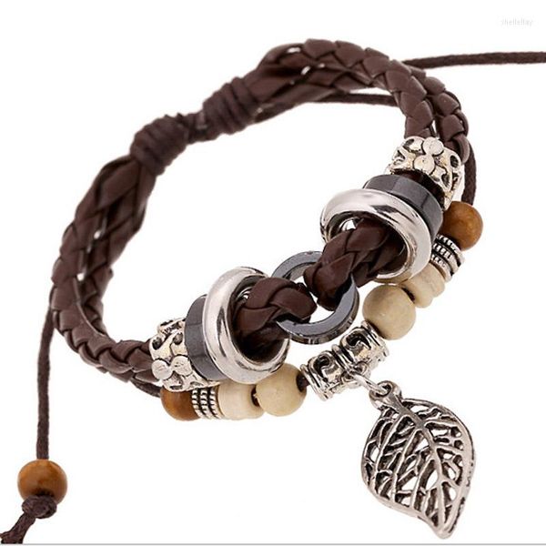 Bracelet en cuir rétro tresse fait main brin pour Femme Femme hommes perles de bois alliage feuille pendentif Bracelets porte-bonheur bracelets bijoux