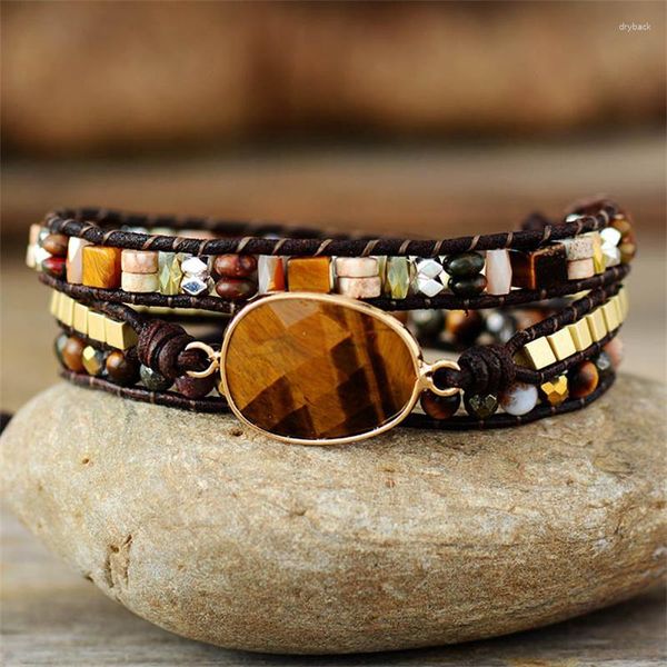 Brin fait à la main Style de mode multicouche naturel oeil de tigre pierre pierres précieuses perles perlées en cuir bracelets pour femme