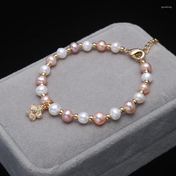 Strand Handmade Natural Freshwater Pearl Bracelet Flowers Charms For Girl Birthday Present