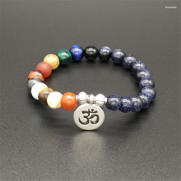 Hilo hecho a mano piedra Natural Lotus Ohm Buda cuentas pulsera arena azul ocho planetas para mujeres hombres Yoga joyería regalos