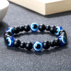 Brin fait à la main Style turc charme perles d'oeil bleu bracelets pour femme hommes obsidienne noire pierre naturelle lave perlée élastique