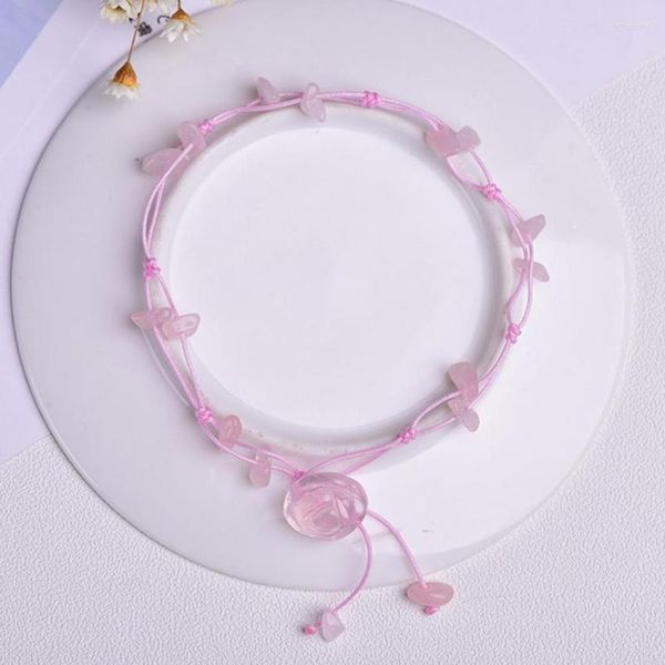 Pulsera elástica de cuarzo rosa con flor tejida hecha a mano para mujer, joyería de Aventurina verde con forma Irregular