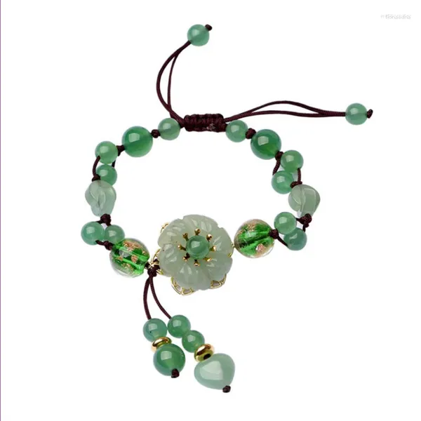 Strand Handmade Weave Couleur Or Jaune Clair Fleur Connecter Vert Aventurine Et Agates Bracelet Élastique Charme Bijoux