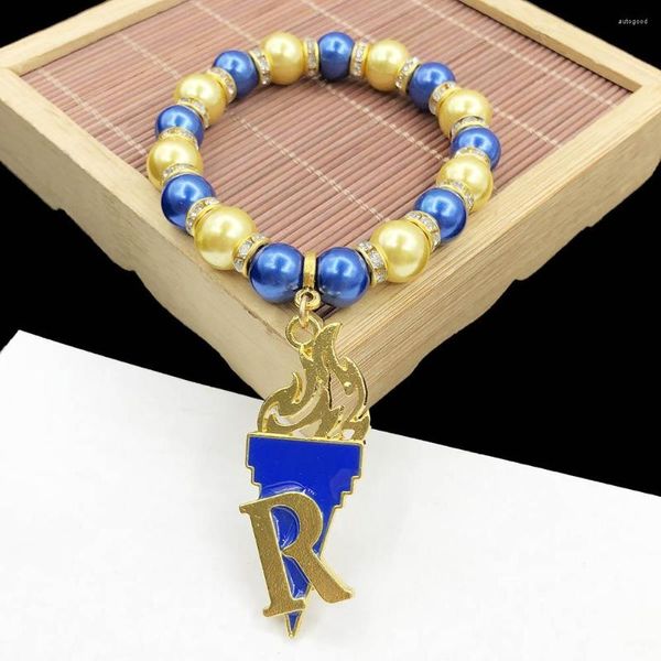 Hebra hecha a mano hermandad griega elástica amarillo azul SGR antorcha perla colgante pulsera brazalete mujer joyería