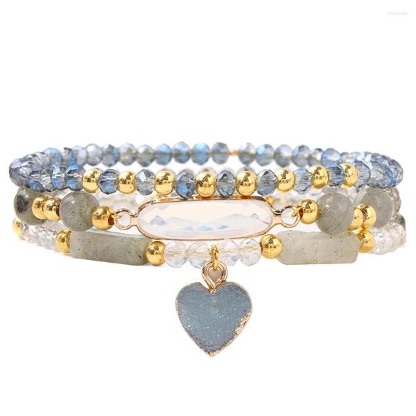 Brin Coeur Charme Bracelet En Cristal Ensemble Femmes Hommes Labradorite Morganite Oeil De Tigre Pierre Or Blanc Couleur Mini Perles Entretoises