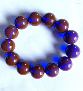 Pulsera de cuentas redondas de color ámbar y sangre natural de alta gama con hilo de cera de abejas de 18 mm