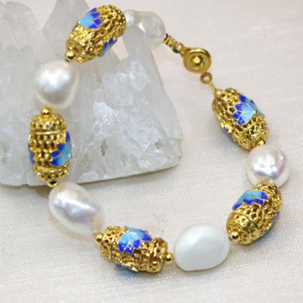 Hilo de alta calidad, blanco Natural, 12-14mm, pulseras de abalorios de perlas irregulares, cuentas de cloisonné de color dorado, joyería Diy de 7,5 pulgadas B3003