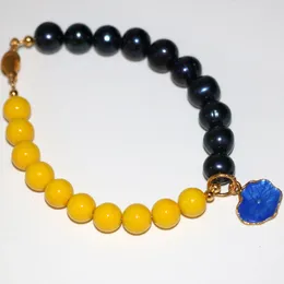Strand haute qualité femmes 9-10mm perle noire naturelle perles rondes bracelets 8mm jaune cuisson peinture verre cadeaux bijoux à bricoler soi-même 7.5 pouces B2967