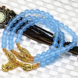Strand Haute Qualité Or-couleur Accessoires Bleu Jades Pierre Calcédoine 6mm Perles Rondes Multicouches Longs Bracelets Femmes Bijoux B2213