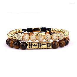 Brin haute qualité luxe CZ Micro pavé boule couronne breloques yeux de tigre pierre perlée Bracelet réglable hommes femmes