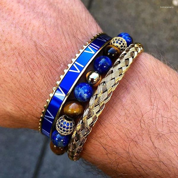 Hilo de joyería de alta calidad para hombres, chapado en oro de 18 quilates, acero inoxidable, brazalete romano azul, conjunto de pulsera de macramé con piedra de ojo de tigre