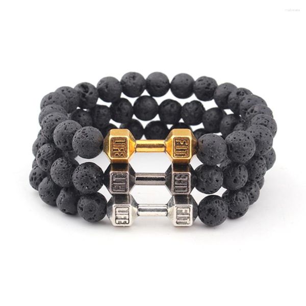 Pulsera de cuentas de alta calidad para hombre, ágata mate negra Natural, amuleto con mancuernas, barra de Fitness energética, joyería de moda