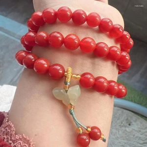 Hebra de alta calidad de ágata roja del sur, pulsera Mala de 108 cuentas con dijes de mariposa de Jade Hetian, collar de borlas, cadena de suéter para mujer