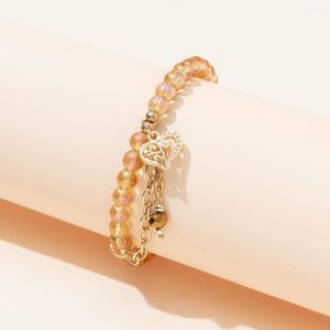 Strand Hollow Metal Heart Charm Gold Tone Chain Link Bracelet Champagne Color Beads Sieraden