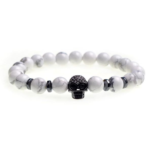 Strand Howlite Skull Bracelet Cuentas naturales Esqueleto Lava negra para mujeres Hebras de cuentas