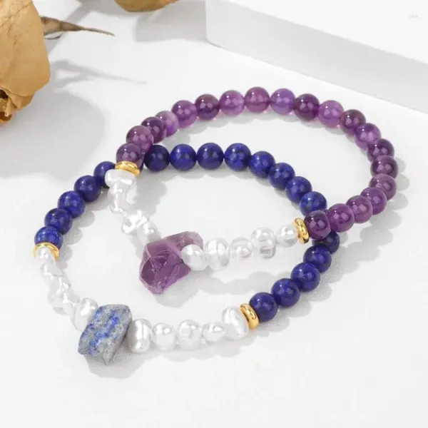 Bracelet à breloques en pierre brute irrégulière, perle d'eau douce, extensible, améthystes naturelles, Lapis Lazuli, perle minérale